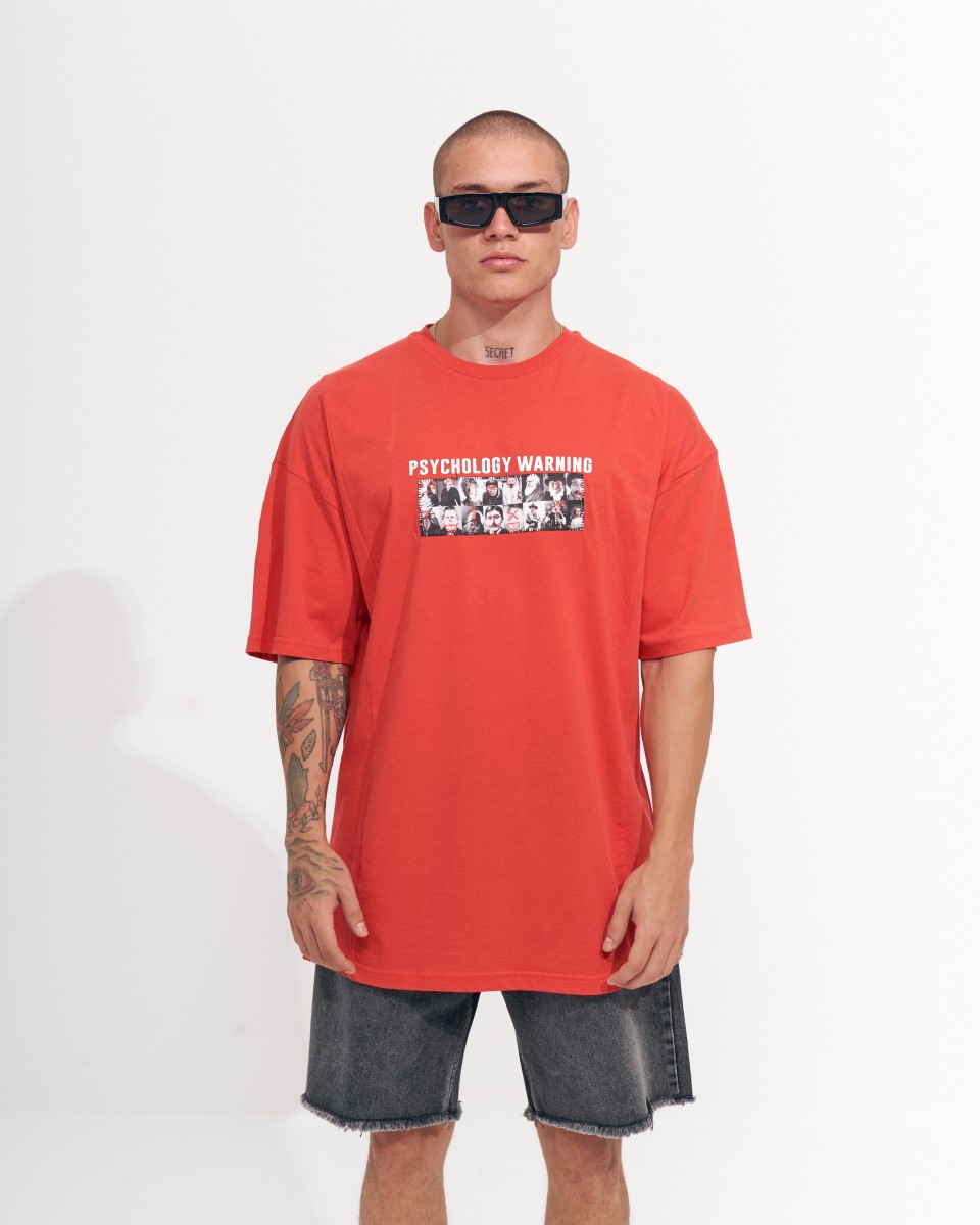"Warning" Camiseta Oversize para Hombres con Estampado de Diseñador - Rojo