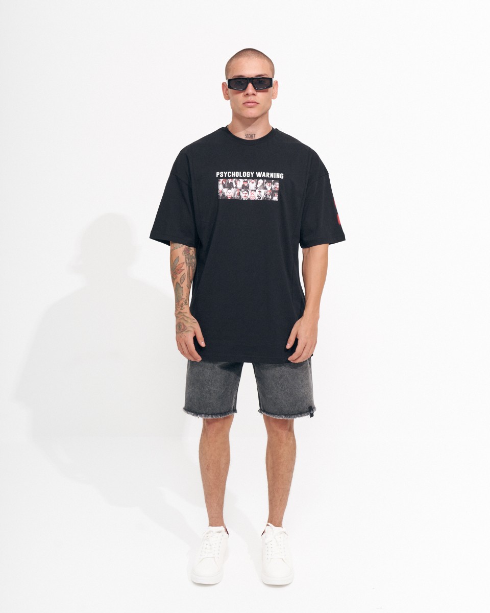 "Warning" T-shirt Oversize da Uomo con Stampa Designer - Nero
