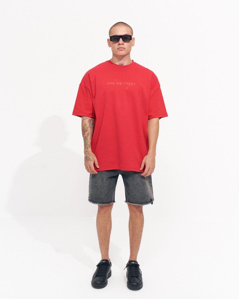 "Freedom" Men's Printed Thick Fabric Oversized Red T-shirt - Red