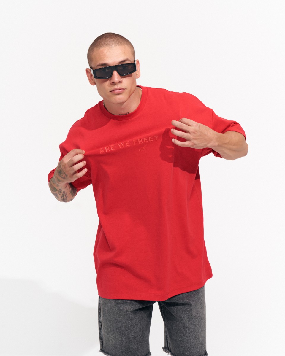 "Freedom" Men's Printed Thick Fabric Oversized Red T-shirt | Martin Valen
