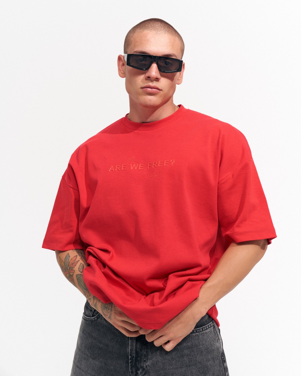 "Libertà" T-shirt Oversize da Uomo in Tessuto Spesso Rosso Stampato | Martin Valen