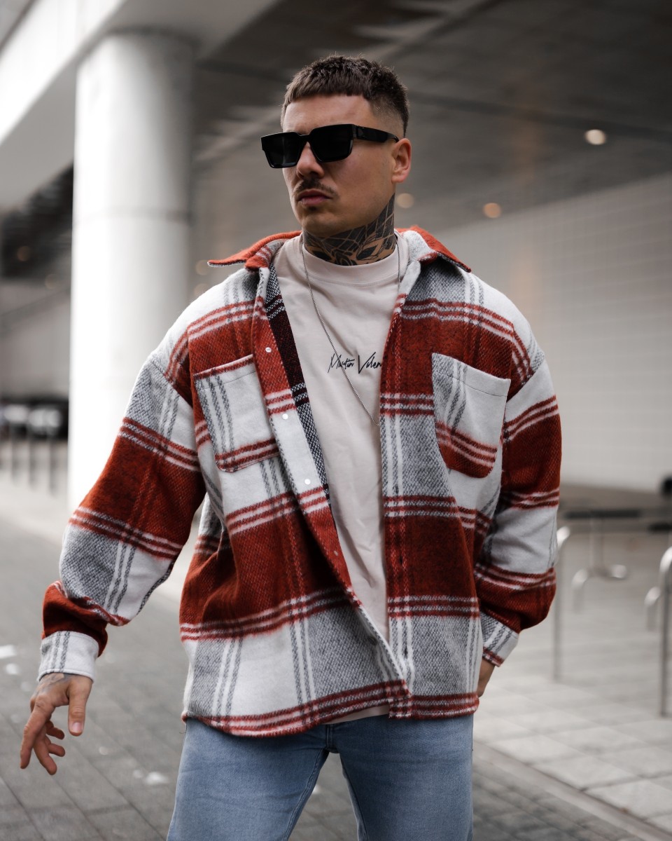 Men's Oversized Woolen Check Tile Red Shirt - Red
