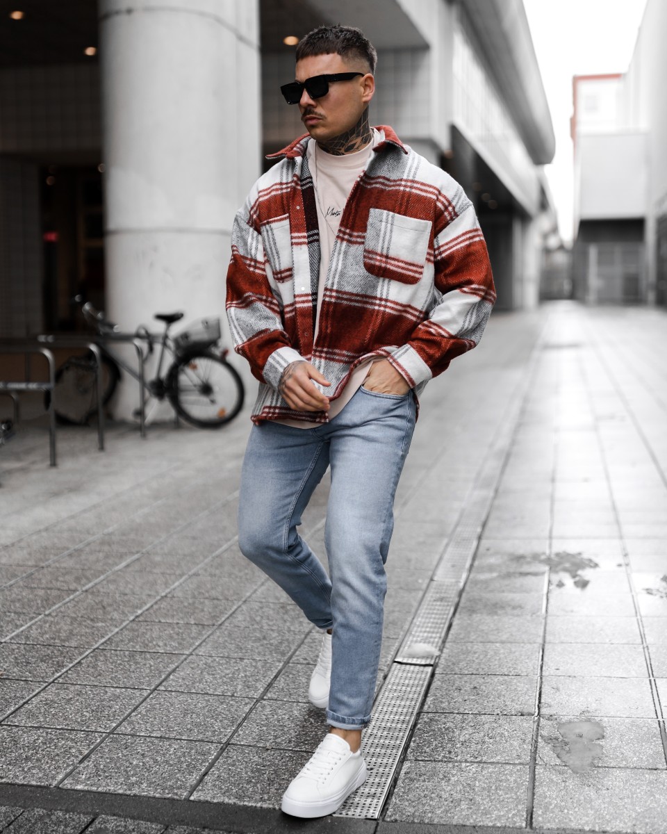 Men's Oversized Woolen Check Tile Red Shirt | Martin Valen