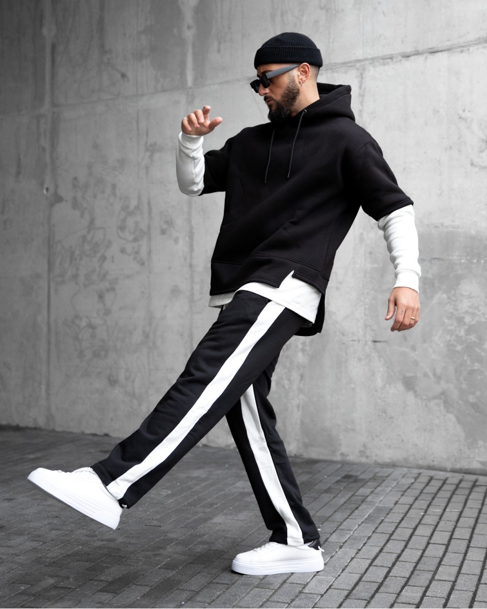 Men's Oversize Half Sleeve Detailed Hoodie Black&White | Martin Valen