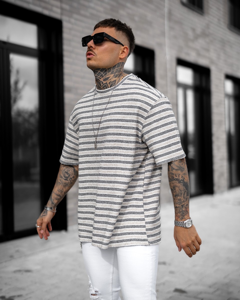 Men's Striped Waffle Thick Fabric Oversize Beige T-shirt - Beige