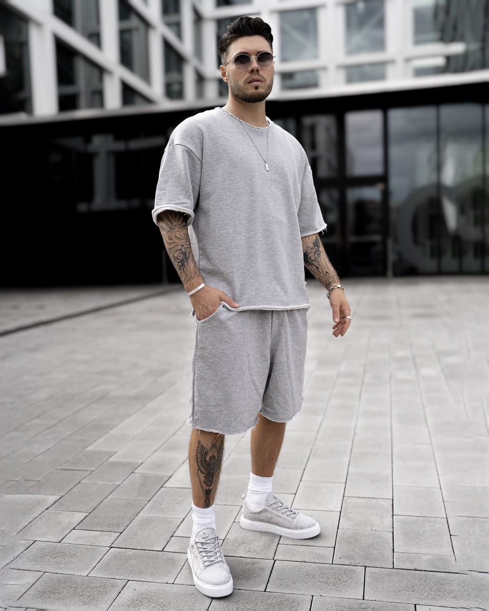 Men's Oversized Thick Fabric Gray Shorts Suit - Gray
