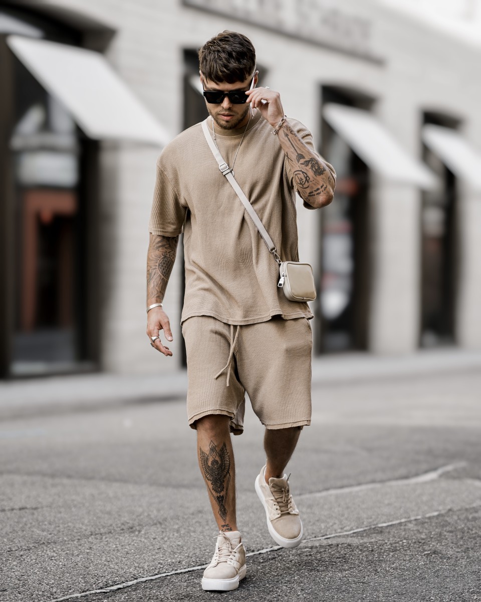 Men's Oversized Corduroy Knitwear Fabric Brown Shorts Set - Bruin