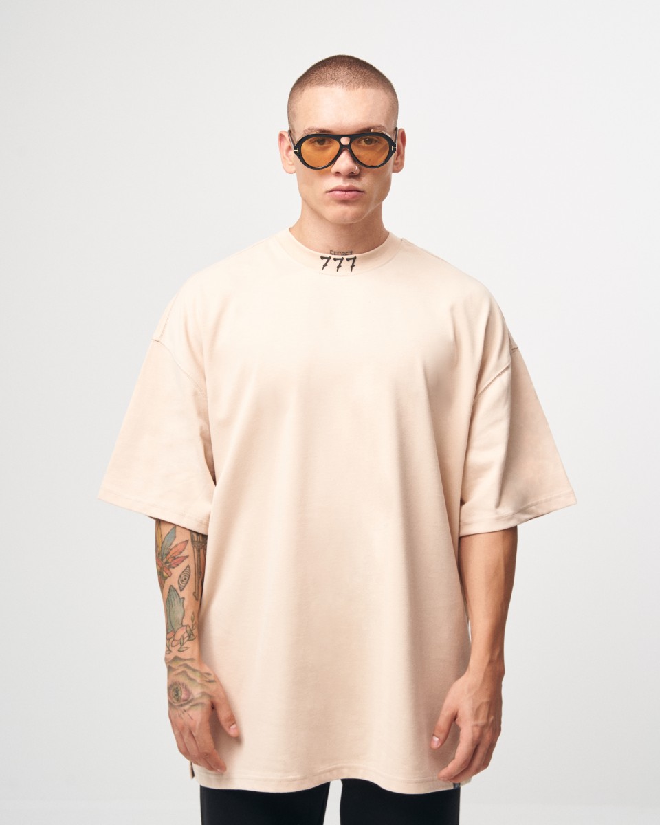‘777’ Men’s Oversized Designer T-shirt with 3D Print Detail - Beige