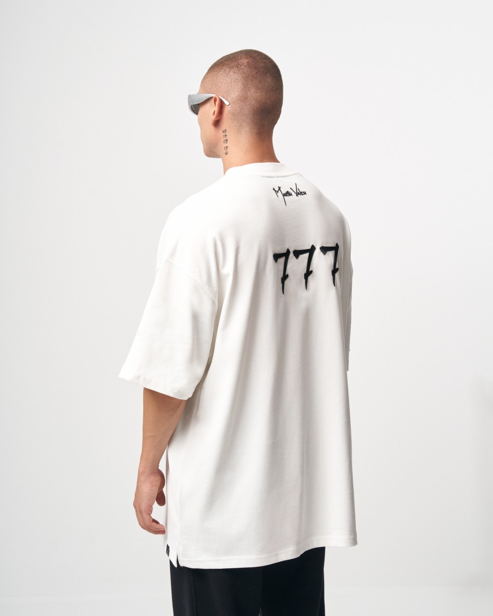 '777' T-shirt Designer Oversize pour Hommes avec Détail d'Impression 3D - Blanc