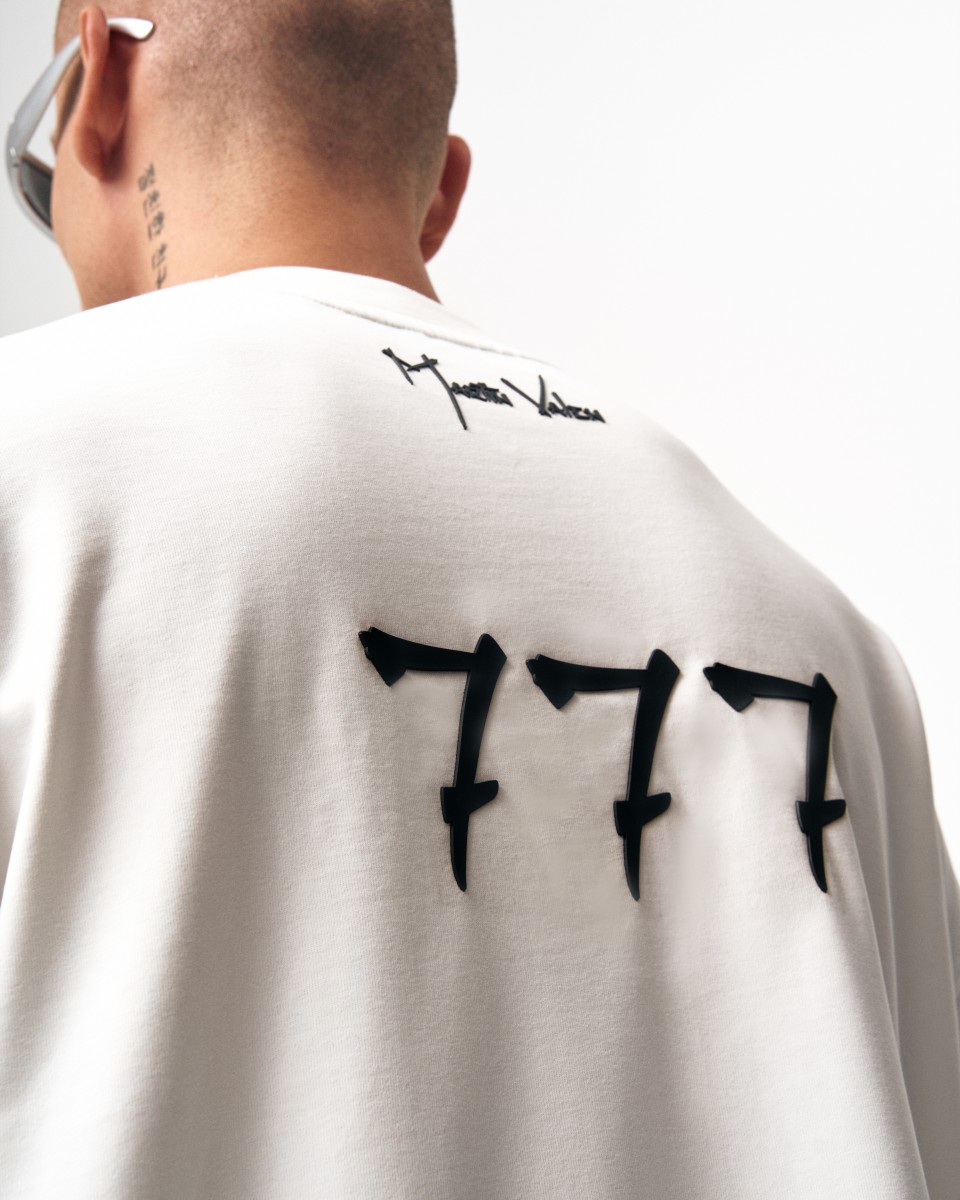 '777' Herren Oversize Designer T-Shirt mit 3D-Druckdetail - Weiß