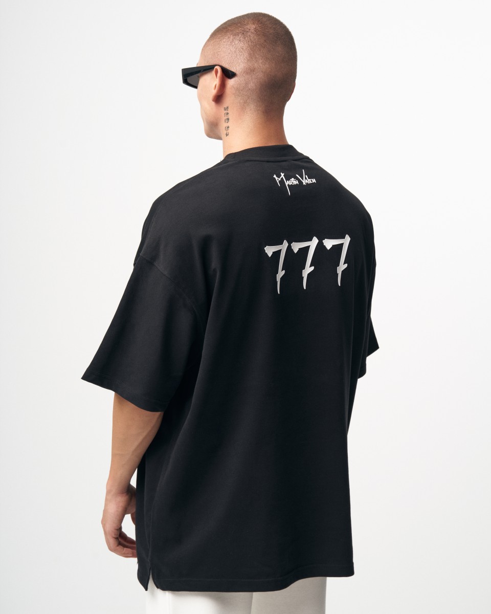‘777’ Men’s Oversized Designer T-shirt with 3D Print Detail - Black
