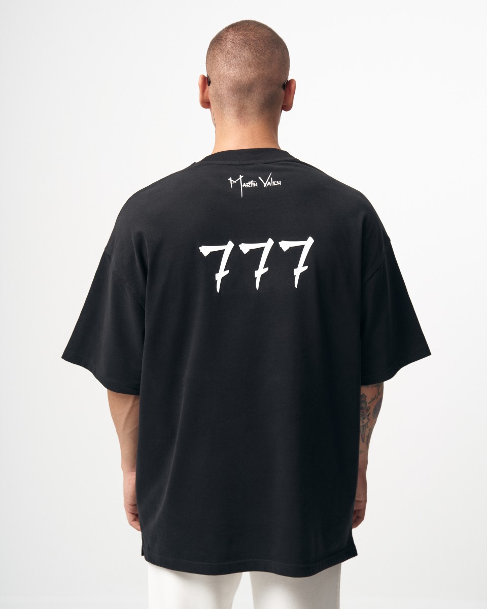 ‘777’ Men’s Oversized Designer T-shirt with 3D Print Detail - Black