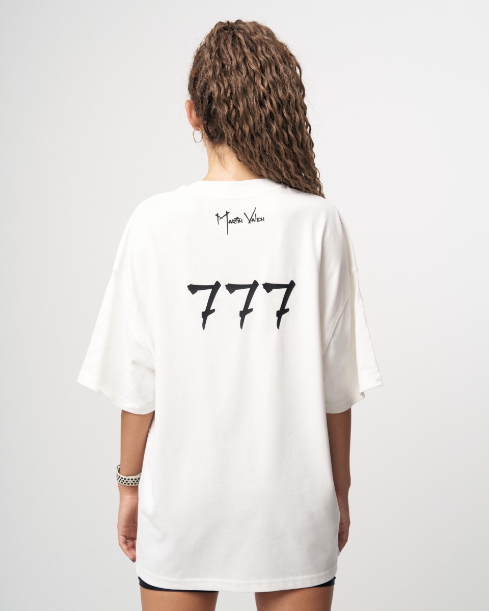 '777' Camiseta Oversize Básica para Mujeres con Detalle de Impresión 3D - Blanco