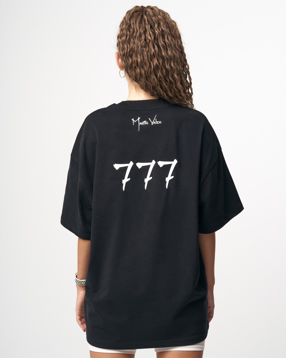 '777' Camiseta Oversize Básica para Mujeres con Detalle de Impresión 3D - Negro