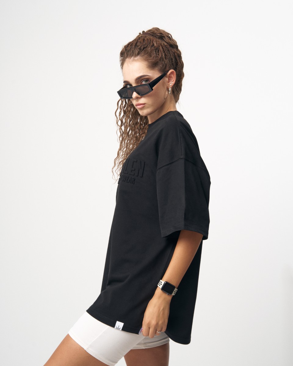 MV T-Shirt Nera Oversize da Donna con Dettaglio di Stampa in Rilievo | Martin Valen