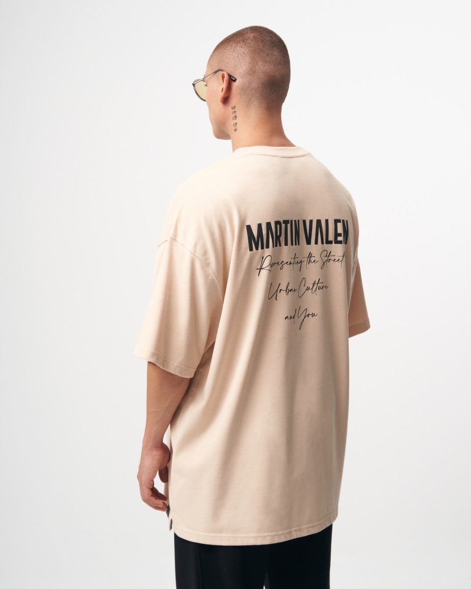 "Slogan" Camiseta de Designer Estampada Oversized para Homens - Bege