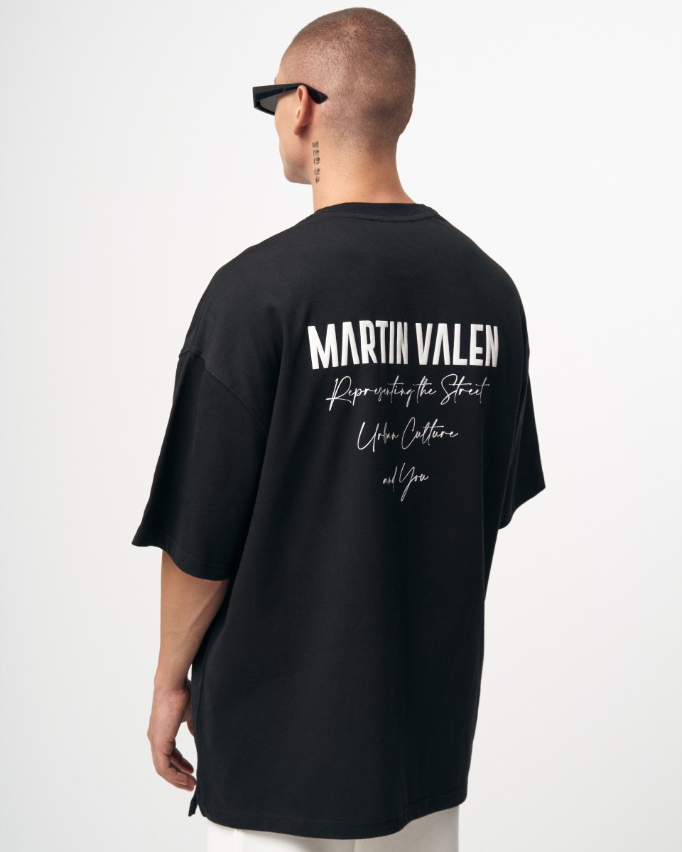 "Slogan" Camiseta de Diseñador Estampada Oversize para Hombres - Negro