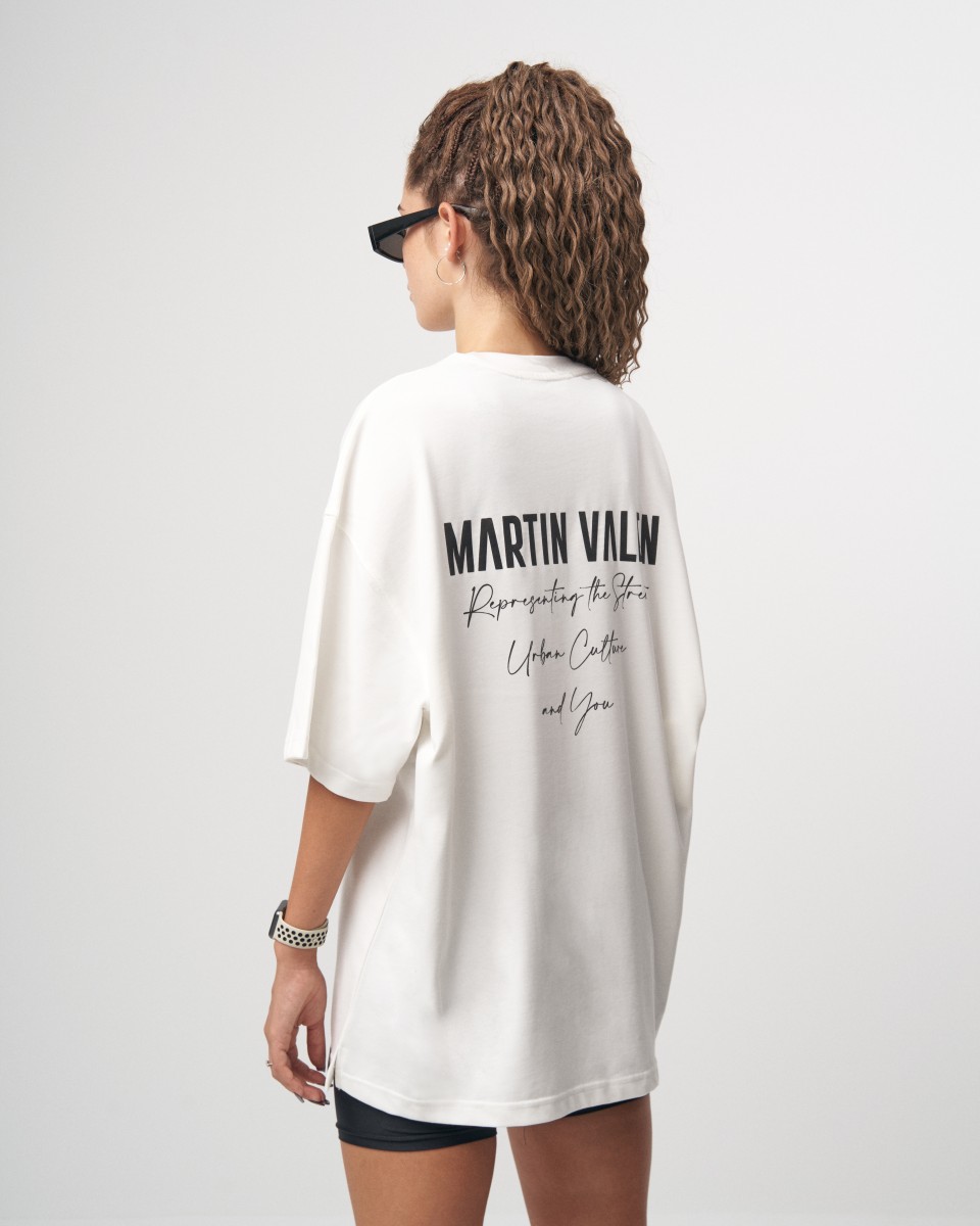 "Slogan" Camiseta Oversize de Diseño para Mujeres con Detalle de Estampado - Blanco