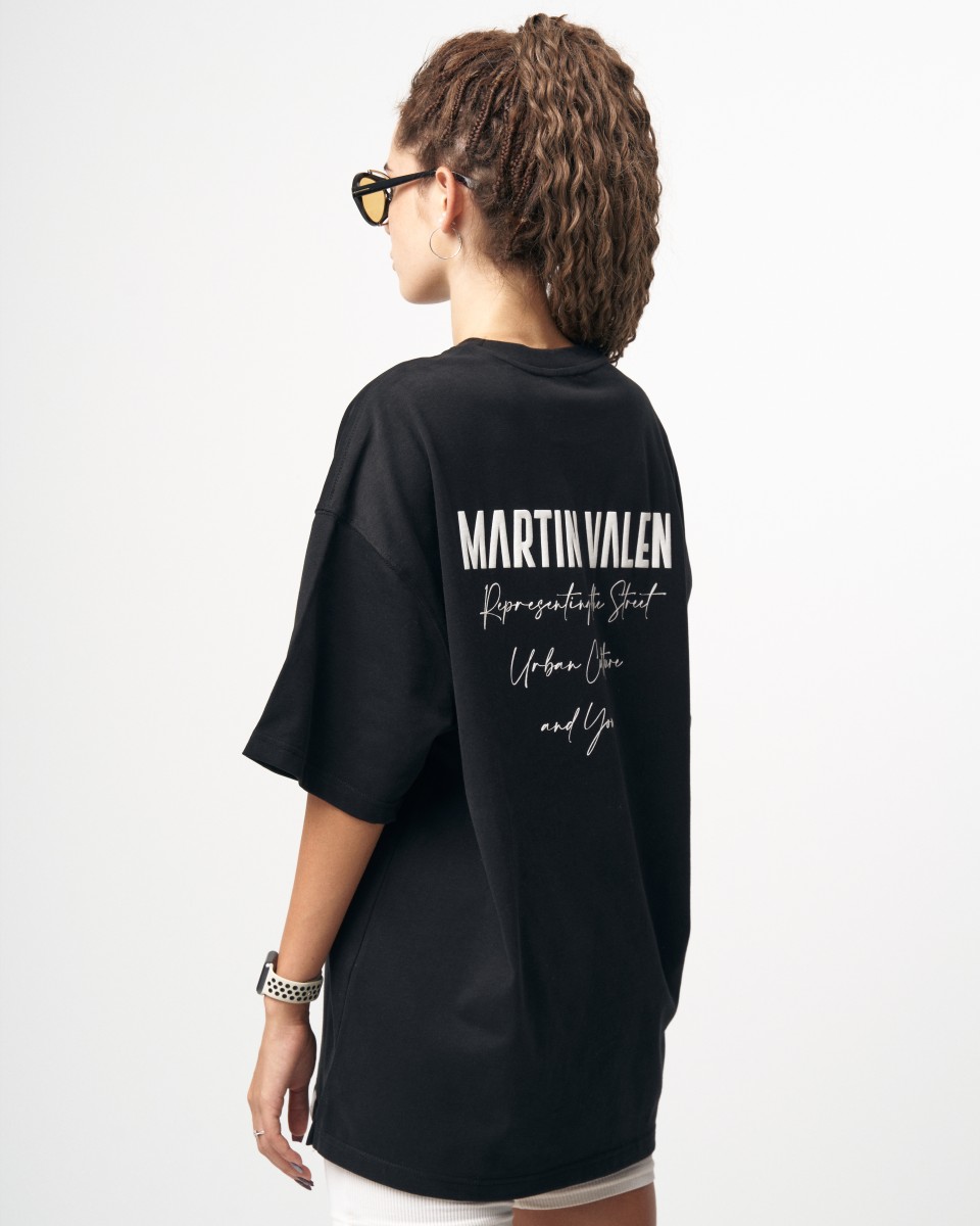 "Slogan" Camiseta Oversize de Diseño para Mujeres con Detalle de Estampado - Negro