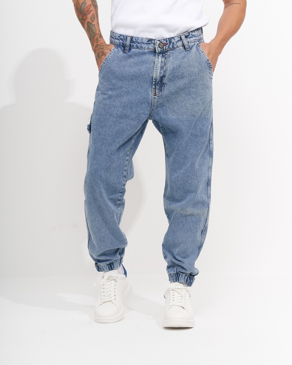 Heren Oversized Denim Joggers met Klittenband Manchetten - Spijkerbroekblauw