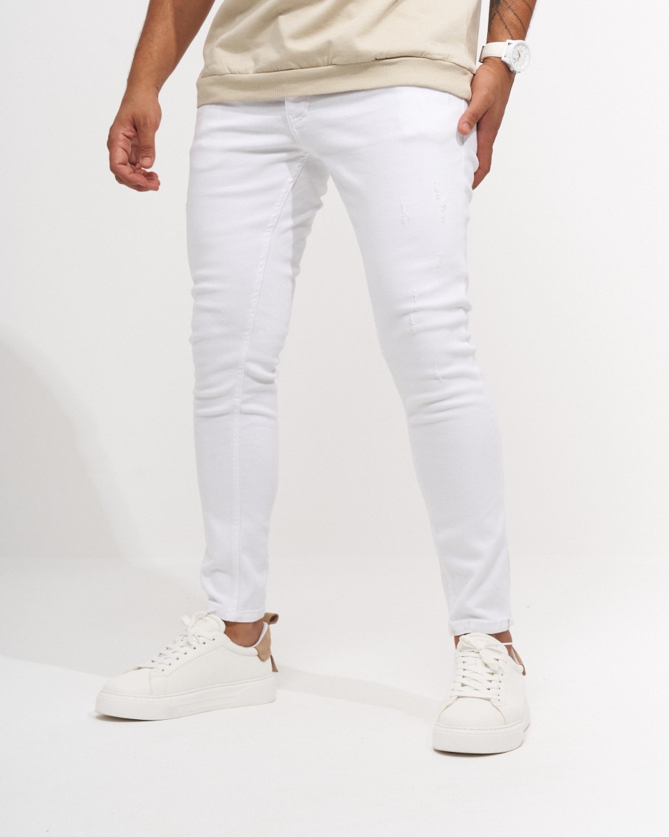 Jeans Moulants Déchirés Blanc Neige pour Hommes
