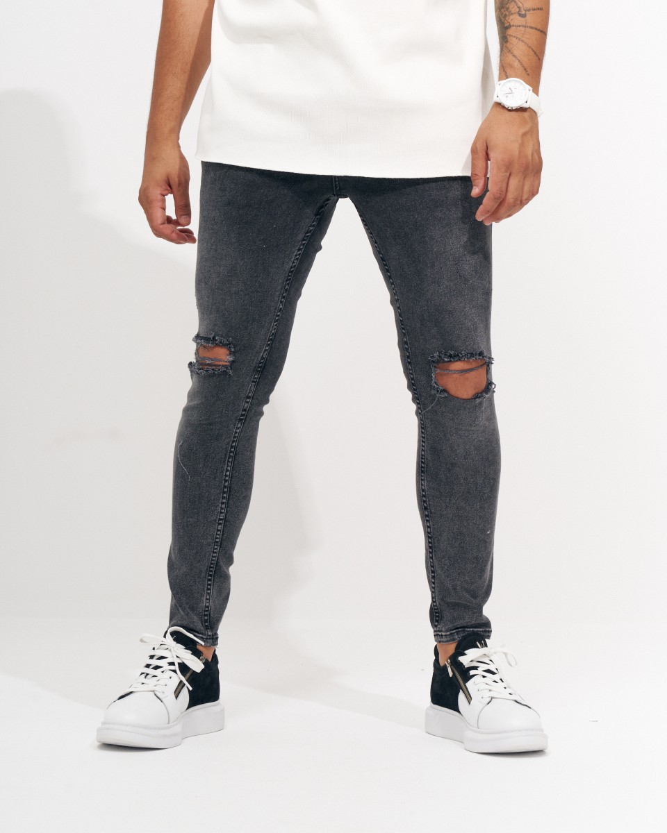 Heren Skinny Antraciet Jeans met Gescheurde Knien