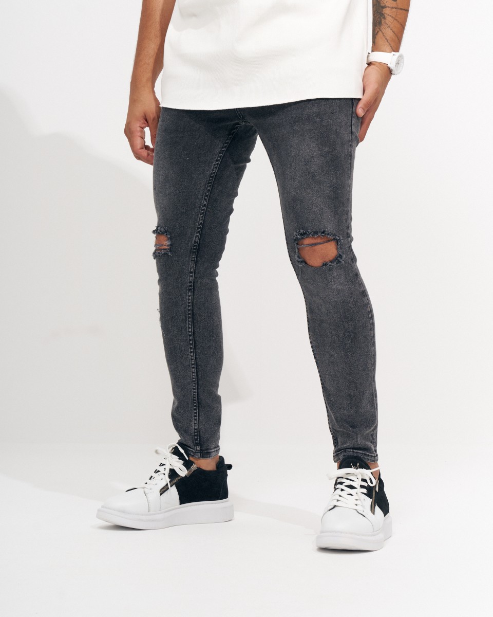 Мужские узкие джинсы антрацитового с разорванными коленями | Martin Valen