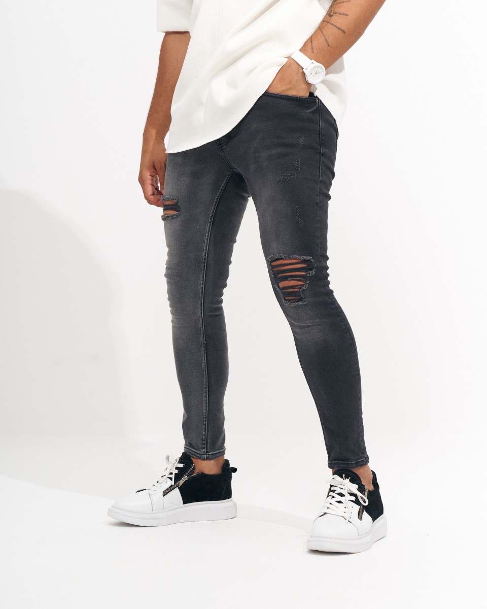 Мужские узкие джинсы в винтажном стиле и с разрывами цвета антрацит - Чёрный