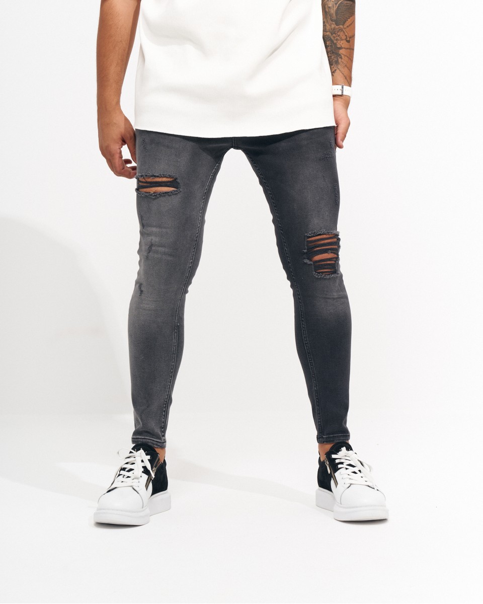 Мужские узкие джинсы в винтажном стиле и с разрывами цвета антрацит | Martin Valen
