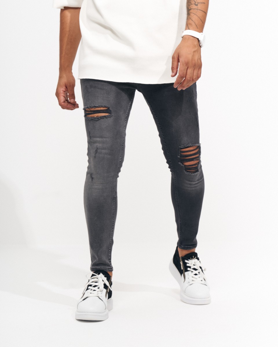 Мужские узкие джинсы в винтажном стиле и с разрывами цвета антрацит | Martin Valen