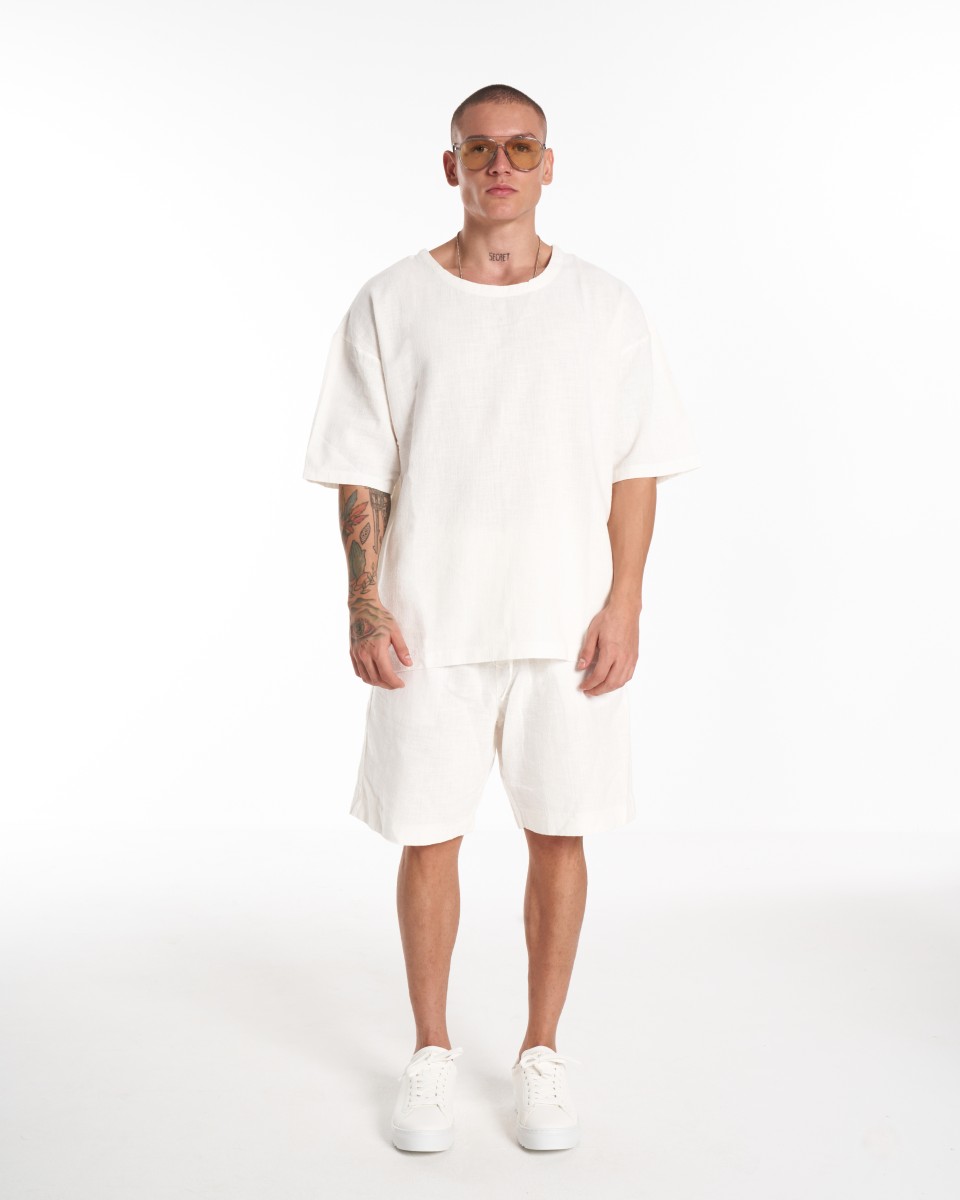 Conjunto de pantalones cortos de lino extragrandes para hombre blanco - Blanco