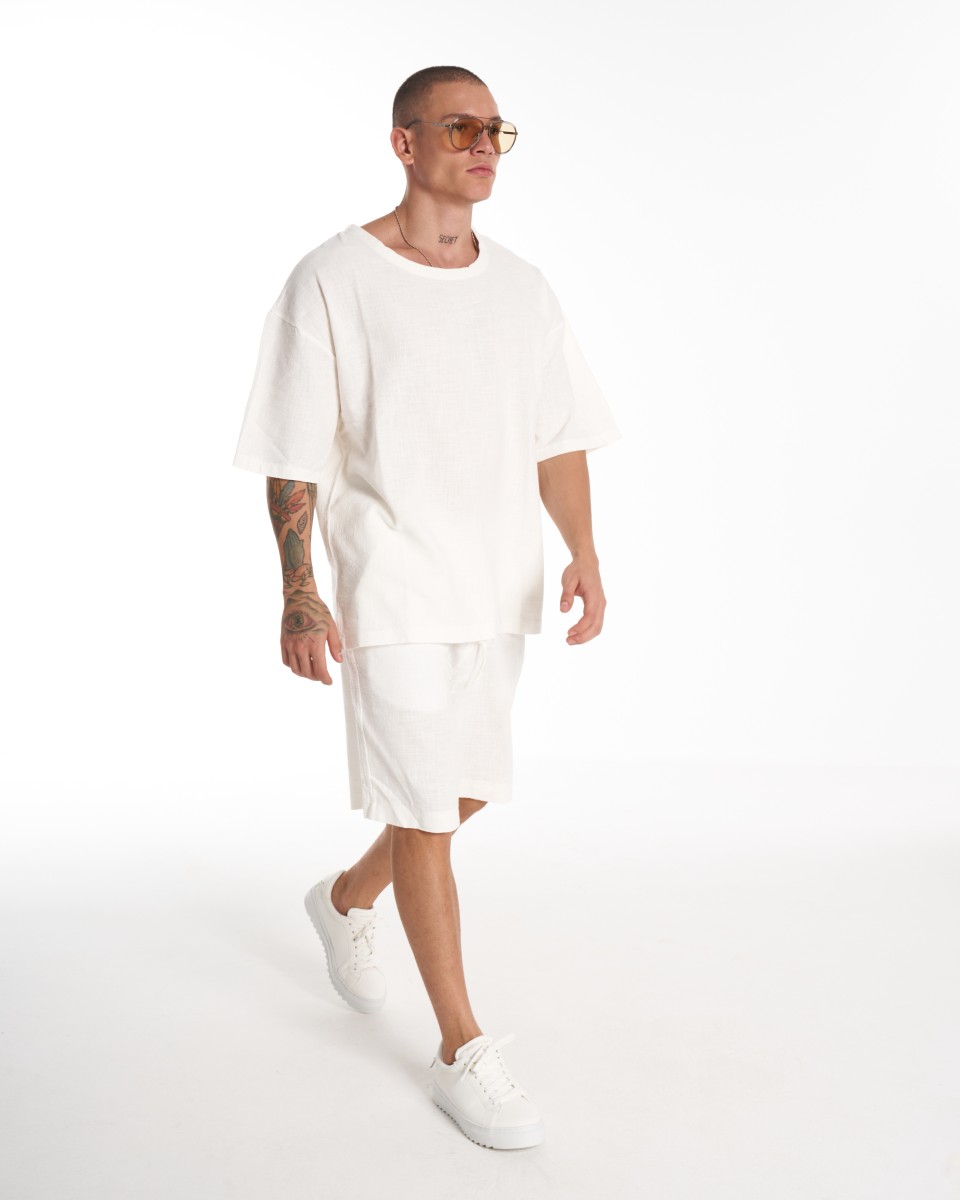 Conjunto de pantalones cortos de lino extragrandes para hombre blanco - Blanco