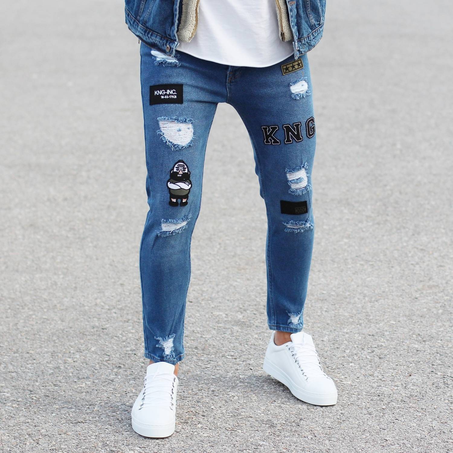 Patch-Work Slim-Fit Jeans in Blue