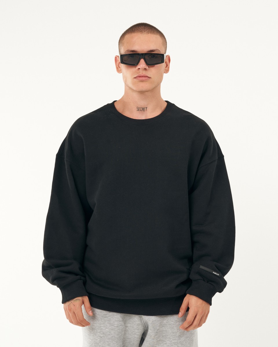 Heren Oversized Zwart Sweatshirt met Basic Kraag