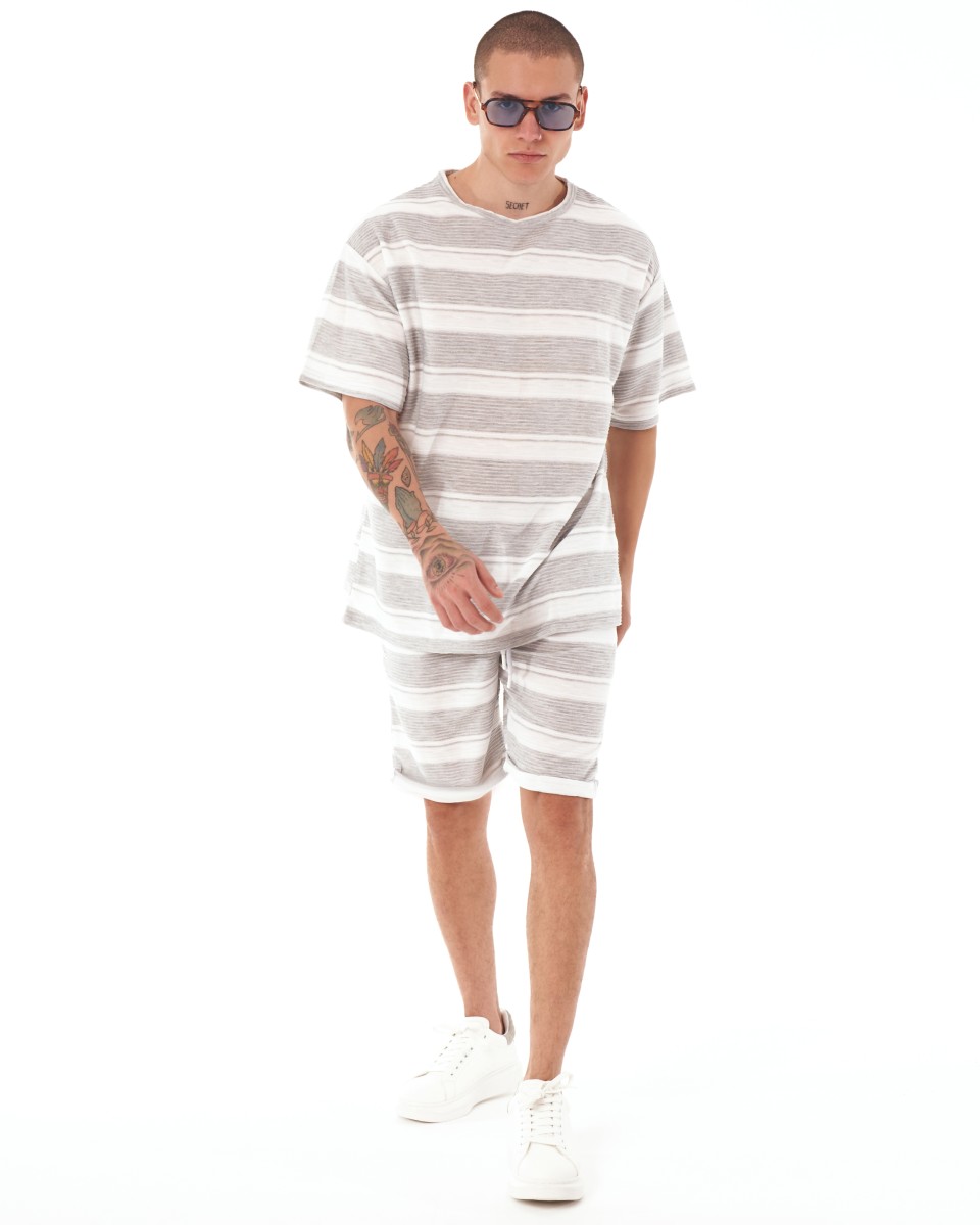 Men's Oversize Shortsuit Light Fabric Striped White-Grey | Martin Valen
