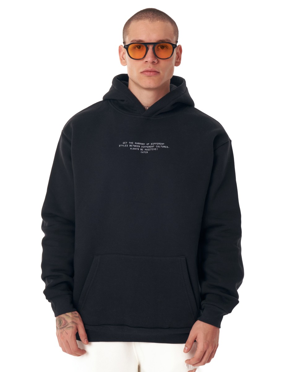 Men's Hoodie Text Detailed With Front Pockets - Black