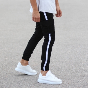Black Pants With Large Pockets and Side-Stripes - 3