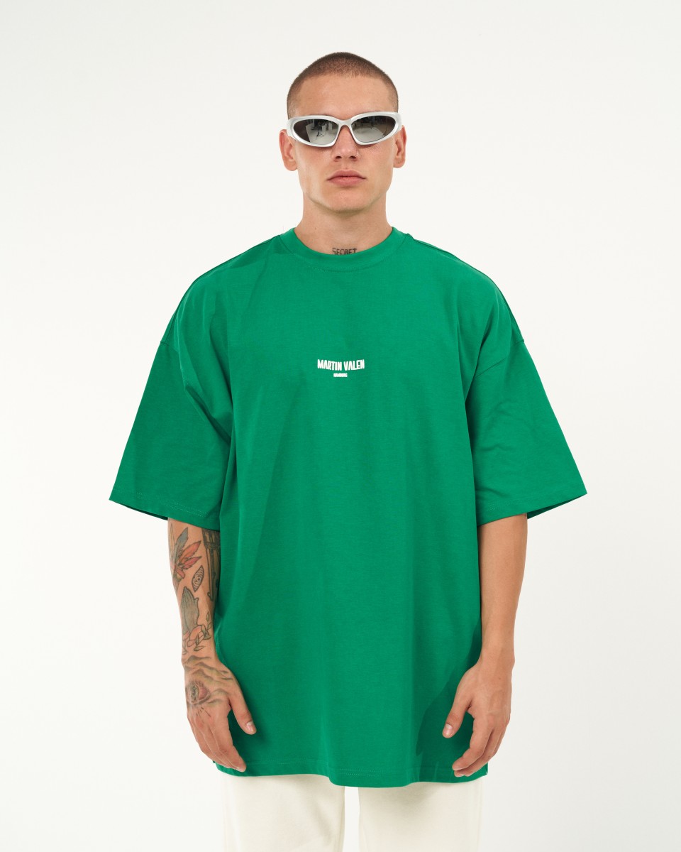 "Slogan" Herren Oversize Bedrucktes Designer T-Shirt - Grün