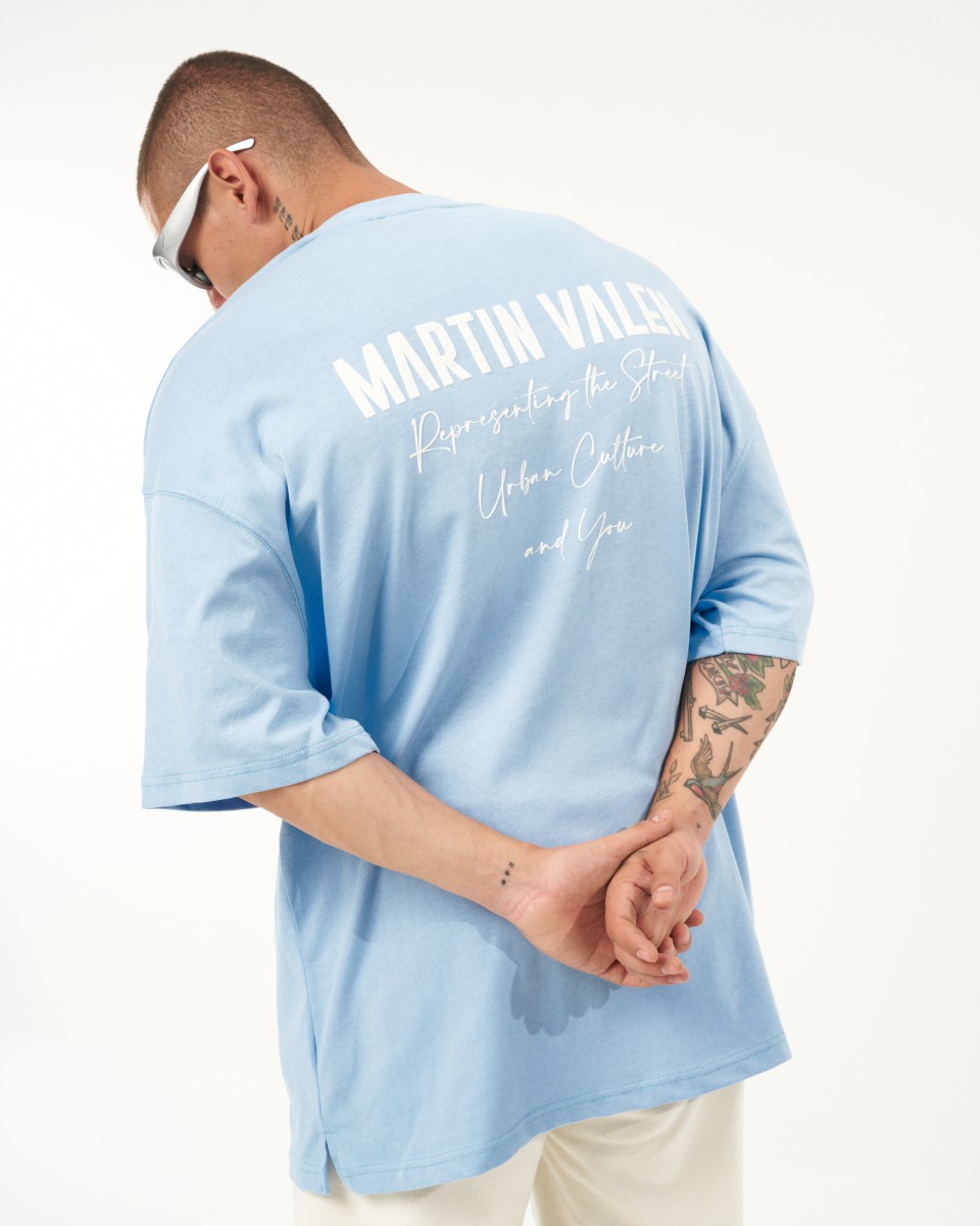 "Slogan" Camiseta de Diseñador Estampada Oversize para Hombres - Azul