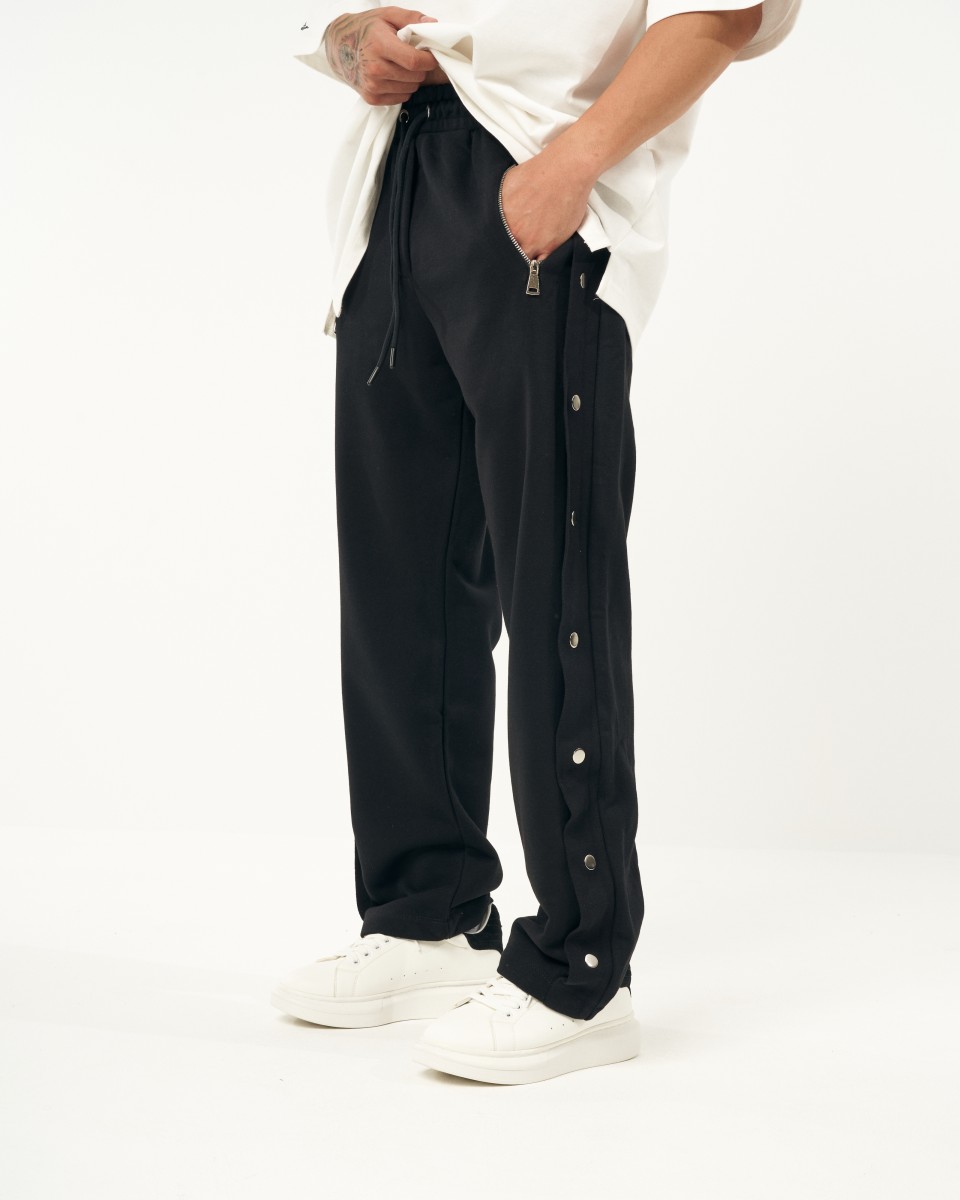Oversized Black Baggy Jogger with Press Studs - Black