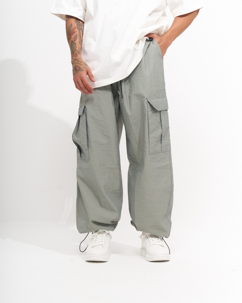Pantalon de jogging cargo à jambe large en tissu parachute pour hommes - Gray