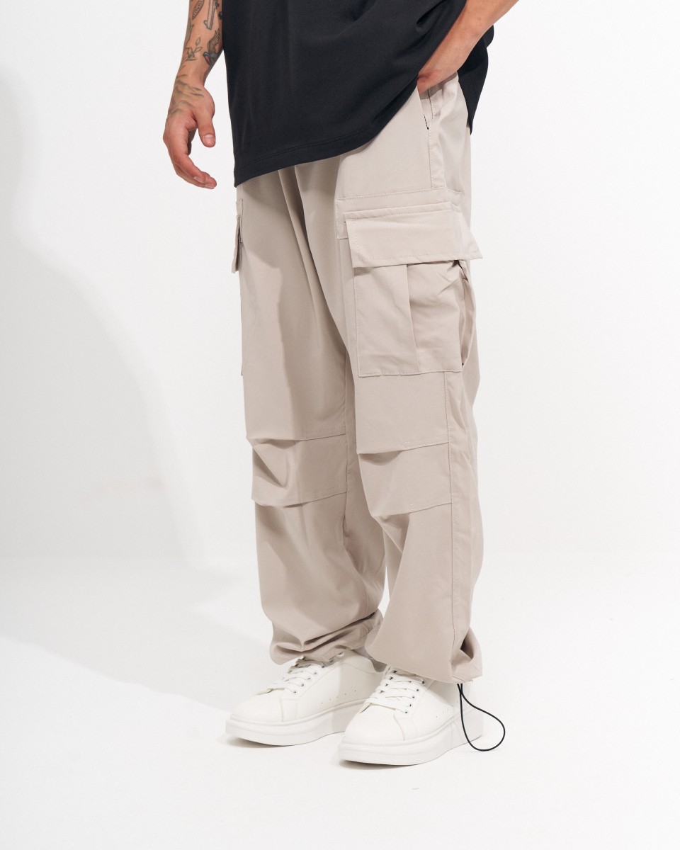 Pantalon de jogging cargo à jambe large en tissu parachute pour hommes - Cream