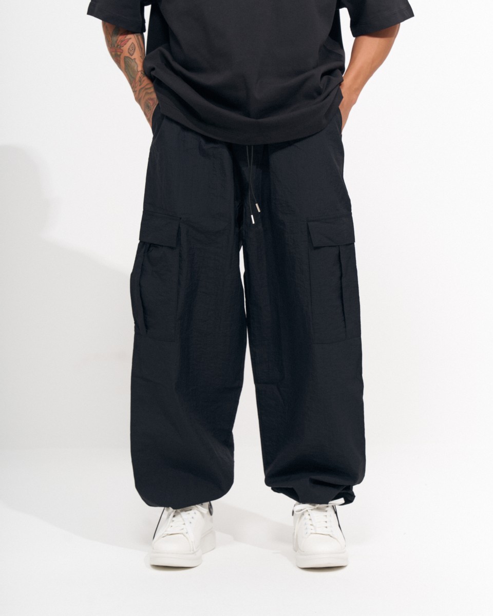 Pantalon de jogging cargo à jambe large en tissu parachute pour hommes - Noir