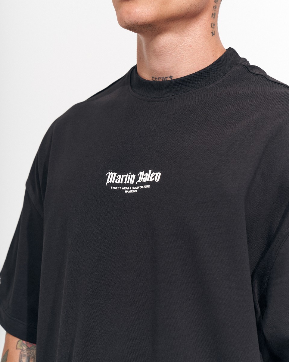 Men's Oversized Chest and Sleeve 3D Printed Black Heavy T-Shirt | Martin Valen