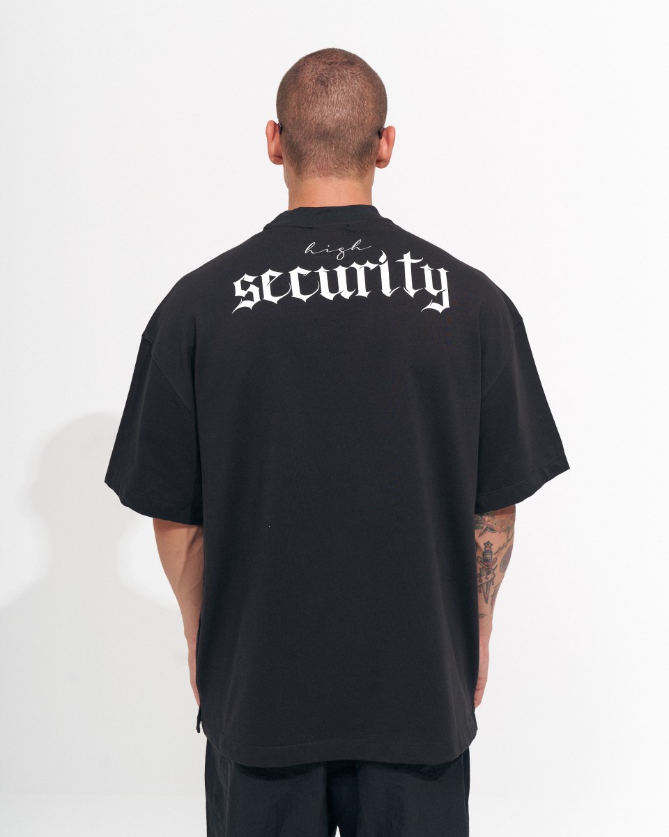 Schwarzes Heavy-T-Shirt mit übergroßem Siebdruck auf der Rückseite für Herren - Zwart