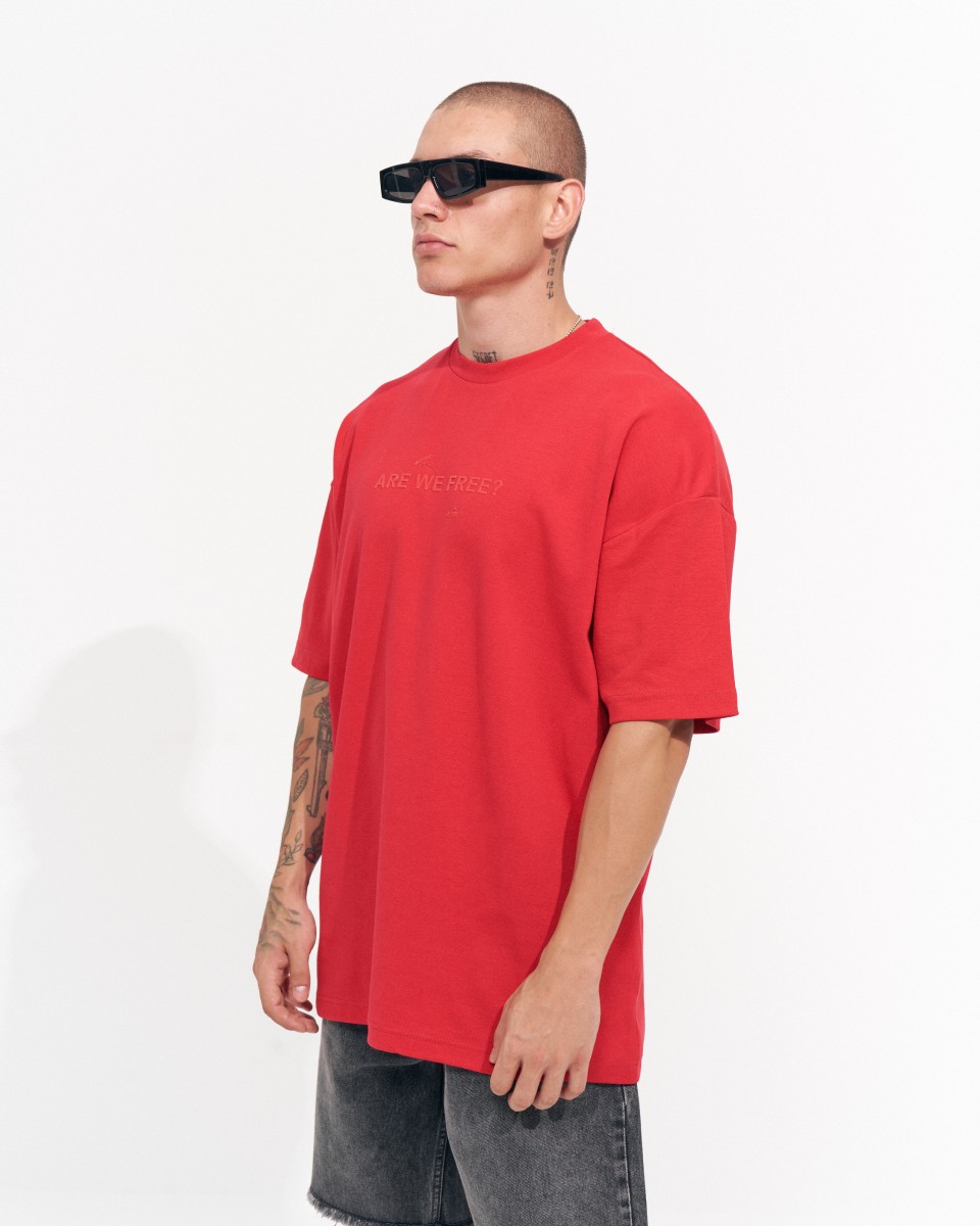 Men's Text Printed Thick Fabric Oversize Red T-shirt | Martin Valen