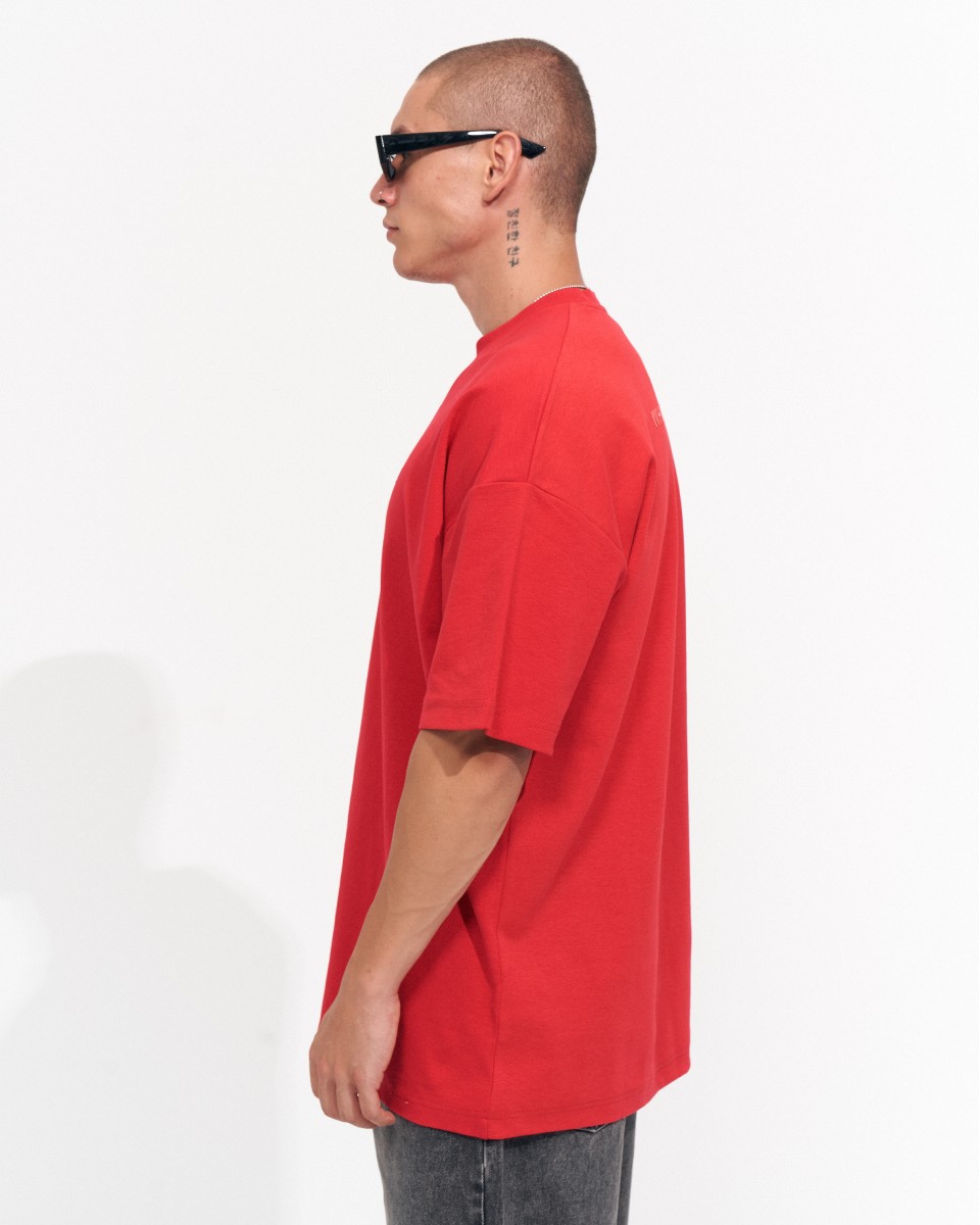 Men's Text Printed Thick Fabric Oversize Red T-shirt | Martin Valen