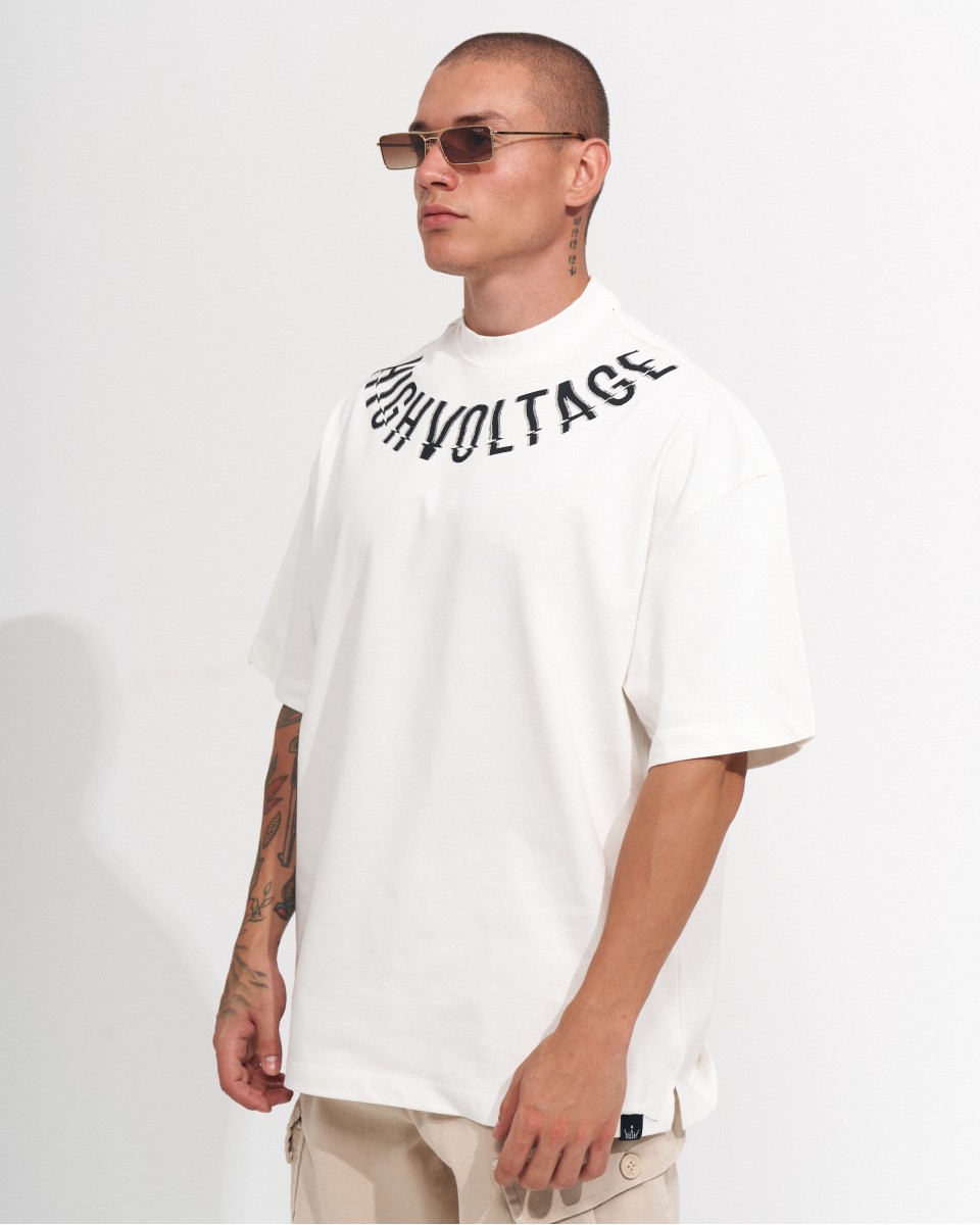 Men's Oversized Collar Screen Printed White Heavy T-Shirt | Martin Valen