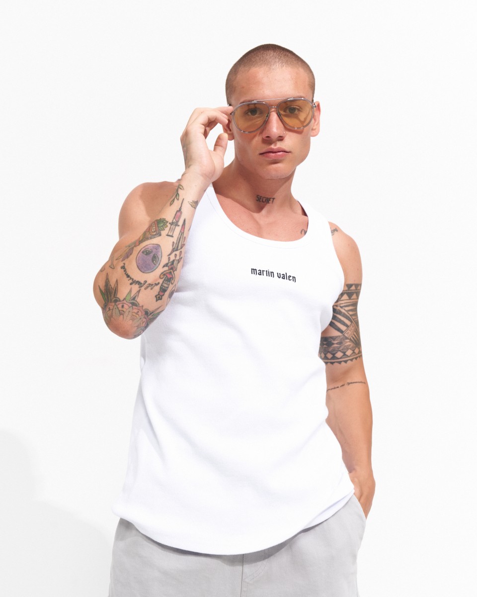 Men's Ribbed Tank Top with 3D Print - White