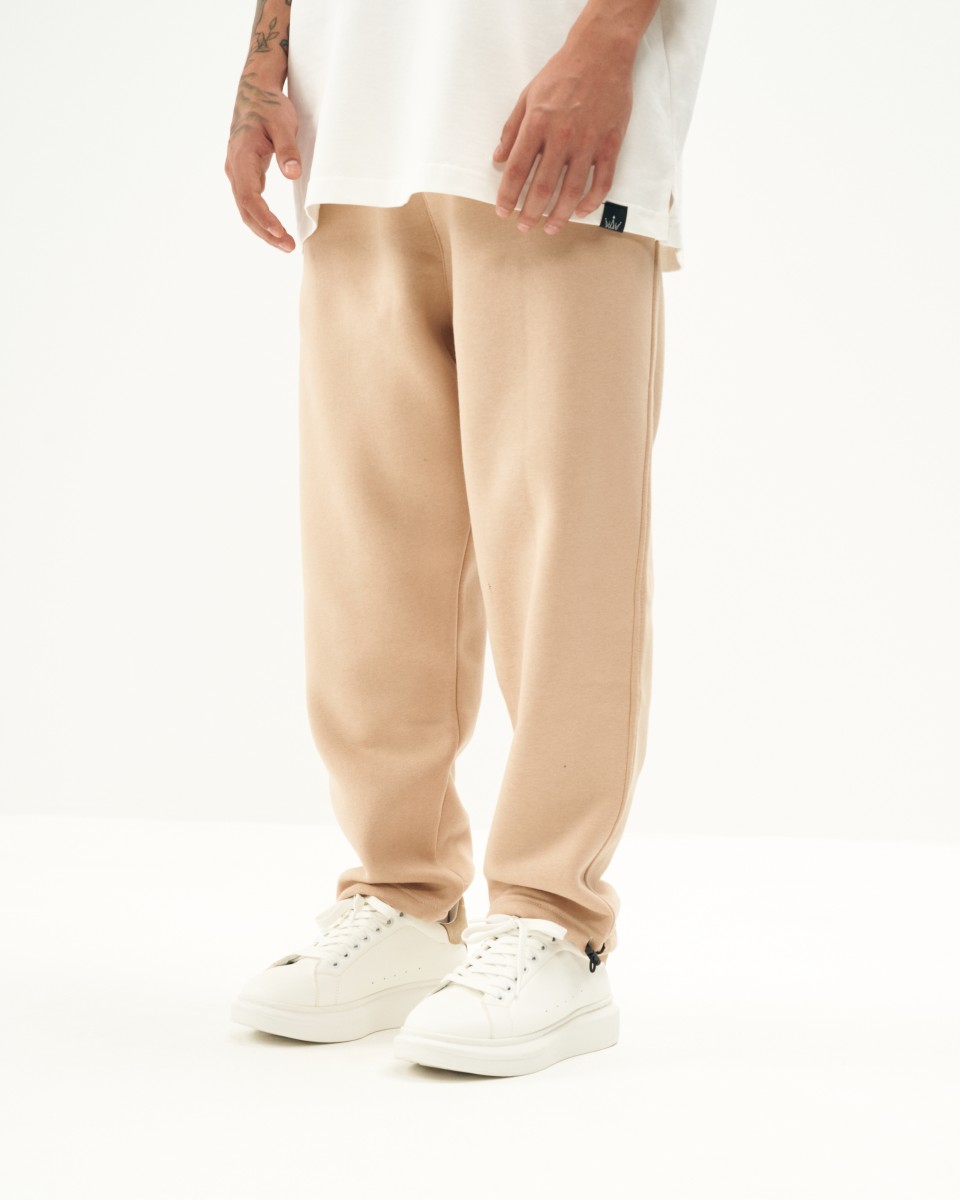Men's Oversized Beige Jogger with Elastic Cords and Ankle Cuffs - Beige